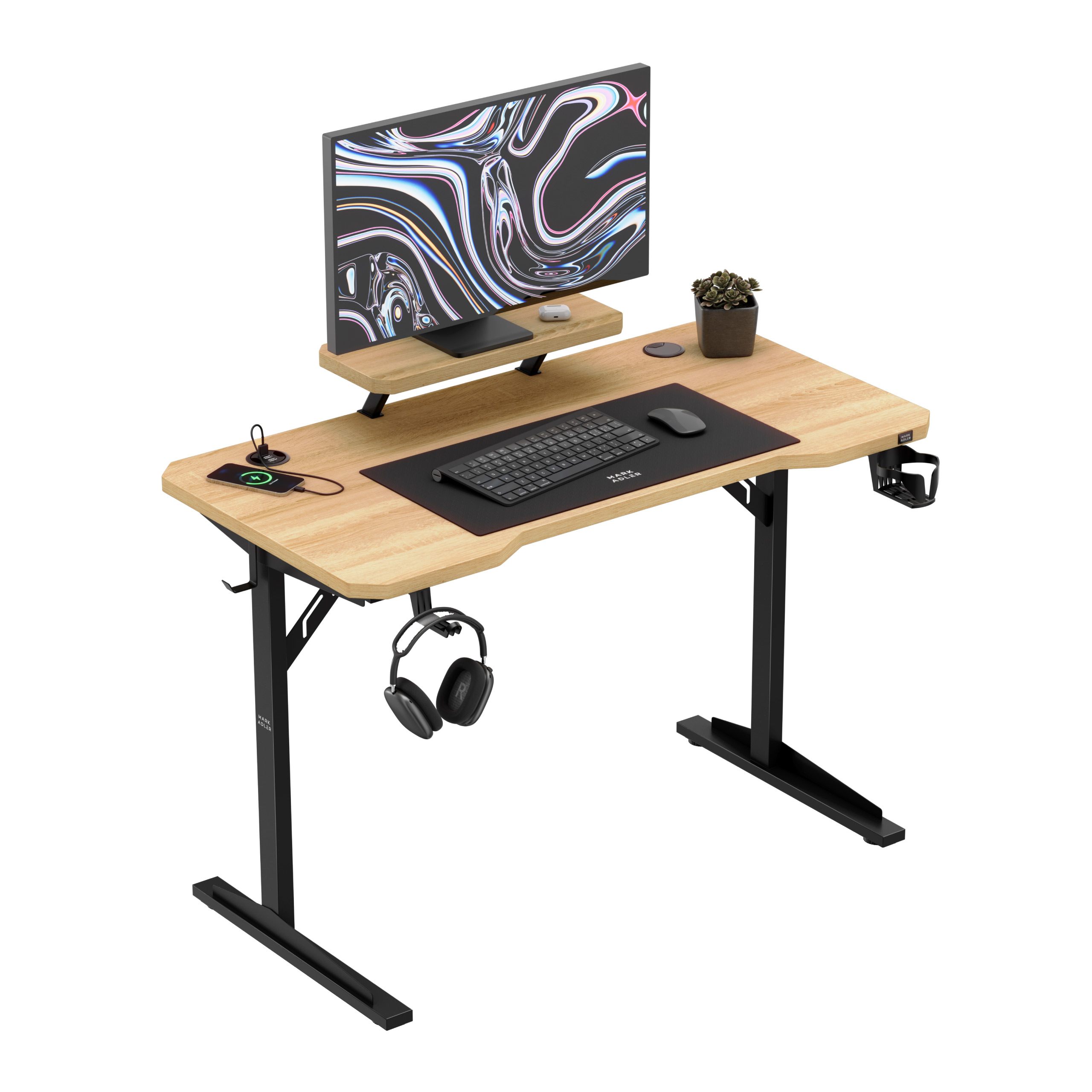 Mark Adler Leader 1.5 electric desk with computer peripherals on the desktop